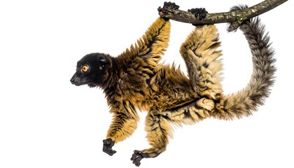 Brown Lemur Hanging from Branch on White Background