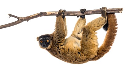 Fototapeta premium Brown Lemur Hanging on Tree Branch Against White Background