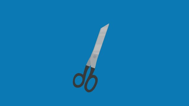 Appearance of a yellow police demarcation tape "do not cross" and its cutting by scissors coming from below in front of a blue sky (flat design)