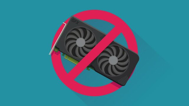 Appearance of crossed out red circular prohibition symbol on  a computer graphics card on blue background with long shadow in flat design style
