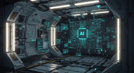 Fototapeta premium Futuristic AI Data Center Interior with Glowing Blue and Green Interfaces