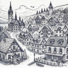 Obraz premium Black and white village in vector style