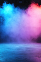 A stage with a vibrant backdrop and a sound system for music and performances, A vibrant display of colored smoke in shades of blue and pink.