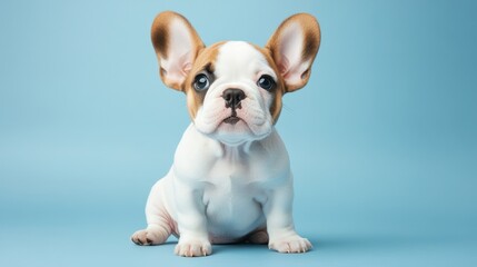 Curious French bulldog puppy with oversized ears exploring a pastel blue studio backdrop in an engaging and playful pose