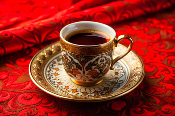 Ornate coffee cup on red fabric surface