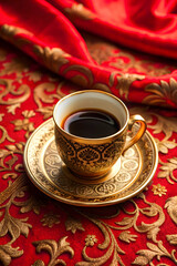 Ornate coffee cup on red fabric surface