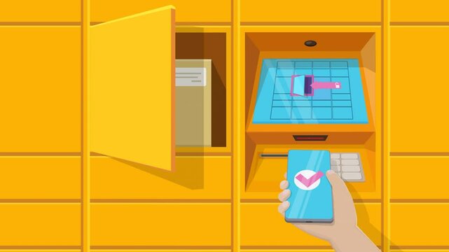 Animation of a hand with a smartphone presenting a barcode to open a parcel locker to pick up a package