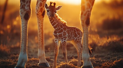 Giraffe calf enjoys the warmth of a sunset while standing protectively near its mother in the serene savannah landscape