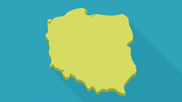 Animation of appearance and disappearance of the yellow map of Poland on a blue background with long shadow (flat design)