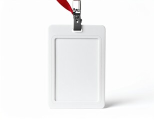 Blank White Id Badge With Red Ribbon And Metal Clip On Isolated Background