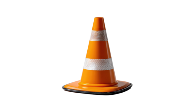 Traffic Cone in isolation: A bright orange and white striped traffic cone, standing prominently, is the symbol of safety, progress and precaution. this stock photo evokes the need for caution.