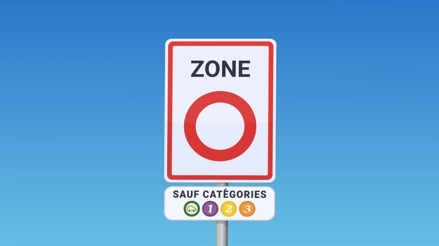 Animation avec apparition soudaine d'un panneau de d&eacute;part pour les Zones &agrave; Faibles &Eacute;missions (ZFE) fran&ccedil;aises avec vignettes CRIT'AIR autoris&eacute;es (sauf cat&eacute;gories) sur un ciel bleu