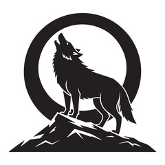 A wolf howling at the moon with a moon in the Vector Black silhouette. with white background