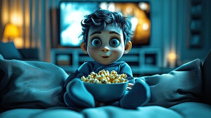 Cute child watching TV, enjoying popcorn