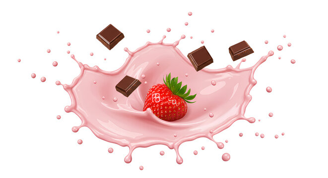 Morangos frescos e peda&ccedil;os de chocolate mergulhados em leite rosa com splash din&acirc;mico. Conceito saboroso, doce e apetitoso, isolado no fundo transparente.