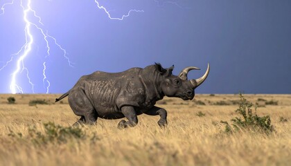 Fototapeta premium Rhinoceros Running Across Savanna During Thunderstorm