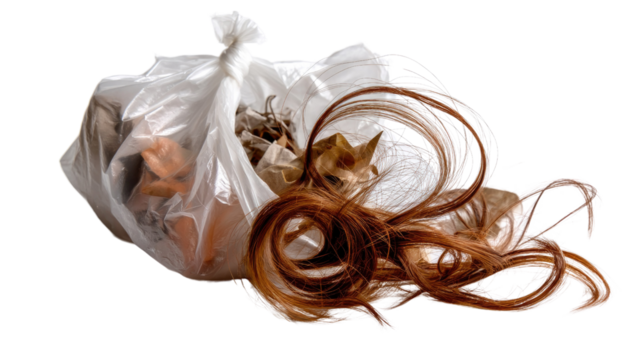 Waste Disposal Bag: A transparent plastic bag, filled with waste and discarded hair, symbolizes environmental concerns, waste management, and the importance of responsible disposal.