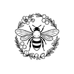Elegant bee illustration surrounded by flowers and honeycomb  