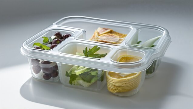 Photorealistic image of a plastic lunch container with compartments on a white background
