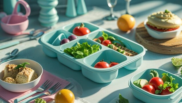 Photorealistic image of a plastic lunch container with compartments on a white background
