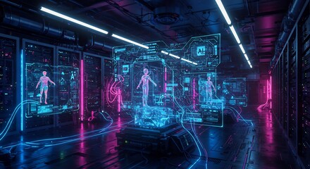 Futuristic Digital Network with Holographic Humanoids