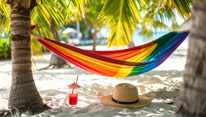 Relax and unwind in a colorful rainbow hammock on a sun-kissed beach, sipping a cool cocktail