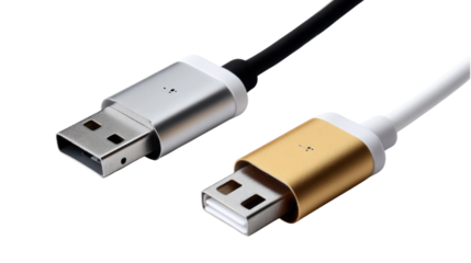 USB Cables: Two contemporary USB cables, one silver and the other gold, showcasing modern design. Cables epitomize innovation and efficiency in digital connectivity