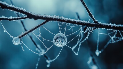 Spiderweb macro on branch with blue tones