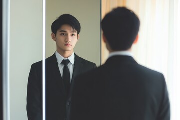 Fototapeta premium Young Asian adult rehearsing answers for a job interview in front of a mirror
