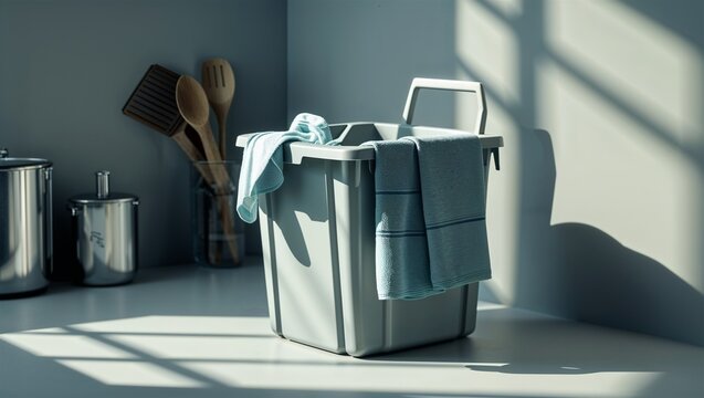 Photorealistic image of a plastic bin with cereal packets