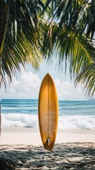 Yellow surfboard on tropical beach