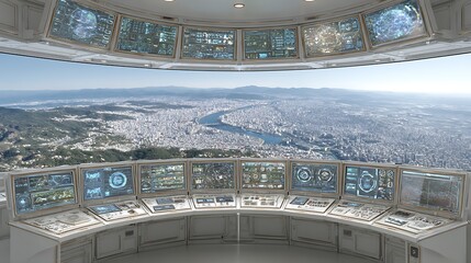 Obraz premium Futuristic Control Room City Panorama View.
