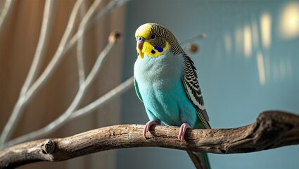 Fototapeta premium Photorealistic image of a parakeet on wooden branch
