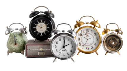 Vintage Clocks Collection: A meticulously arranged assortment of charming vintage clocks, each with its unique design, showcasing the timeless elegance and nostalgic appeal of classic timekeeping.
