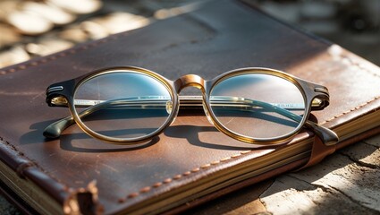 Photorealistic image of a pair of vintage eyeglasses resting on an open book