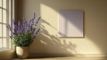 Lavender plant with window light and a blank canvas for interior design