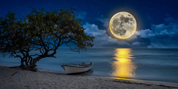 Under a starry sky, a golden full moon lights calm waters, a twisted tree watches over a solitary boat on the shore. - Powered by Adobe
