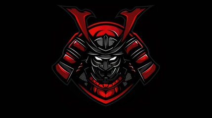 Image of a menacing samurai helmet in black and red. Logo design of japanese male warrior staring at camera while wearing samurai hat. Warrior and strength concept for design and print. AIG51.