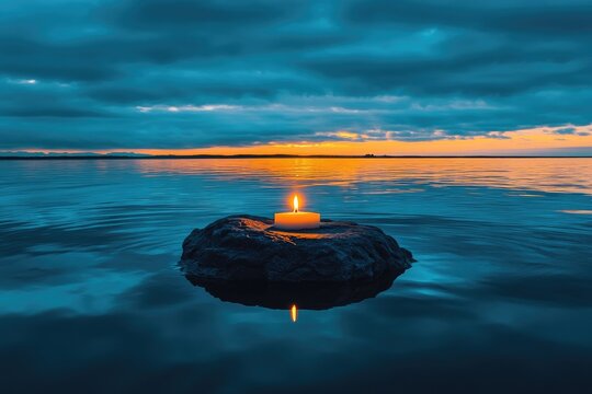 Serene Candlelight A Single Flame Reflecting Calmness on the Vast Ocean's Surface