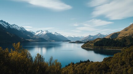 Serene Mountain Lake Landscape: Breathtaking View of Snow-Capped Peaks and Tranquil Waters