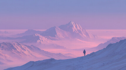 Person walking across a dusty violet desert on an alien planet with soft sky in the background