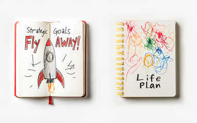 Two open notebooks showing a humorous contrast between strategic career goals and chaotic life plans, visual metaphor for work life balance, productivity and modern stress culture