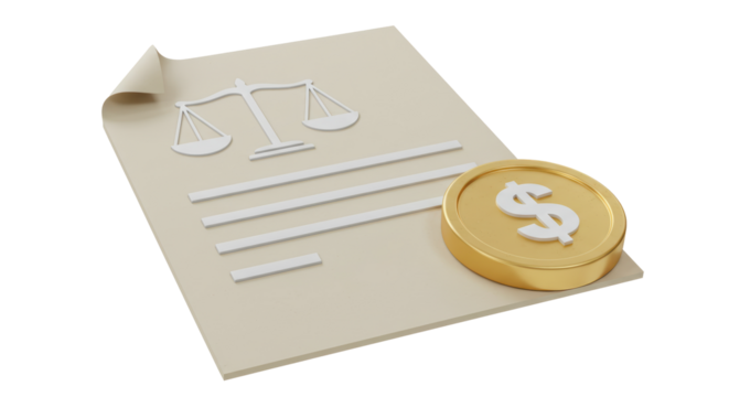 Isolated Legal Document with Scales and Dollar Coin