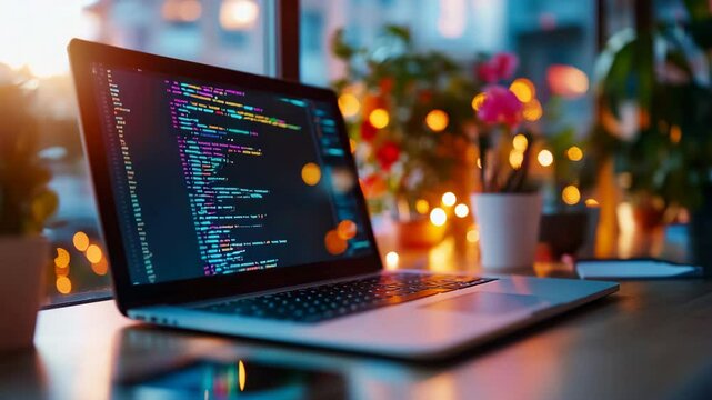 the code gently scrolling on the laptop screen