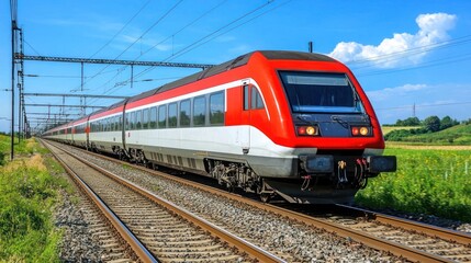 Fototapeta premium A red and white train traveling on a railway track with a green field in the background under a clear blue sky.