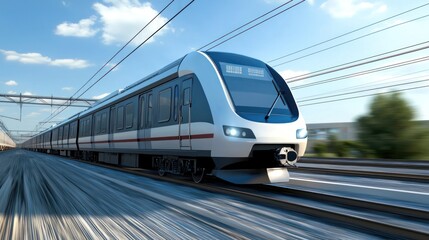 Fototapeta premium A sleek, modern high-speed train traveling through a lush, green landscape under a clear blue sky with white clouds.