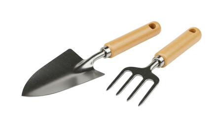 Isolated Garden Trowel and Fork with Wooden Handles
