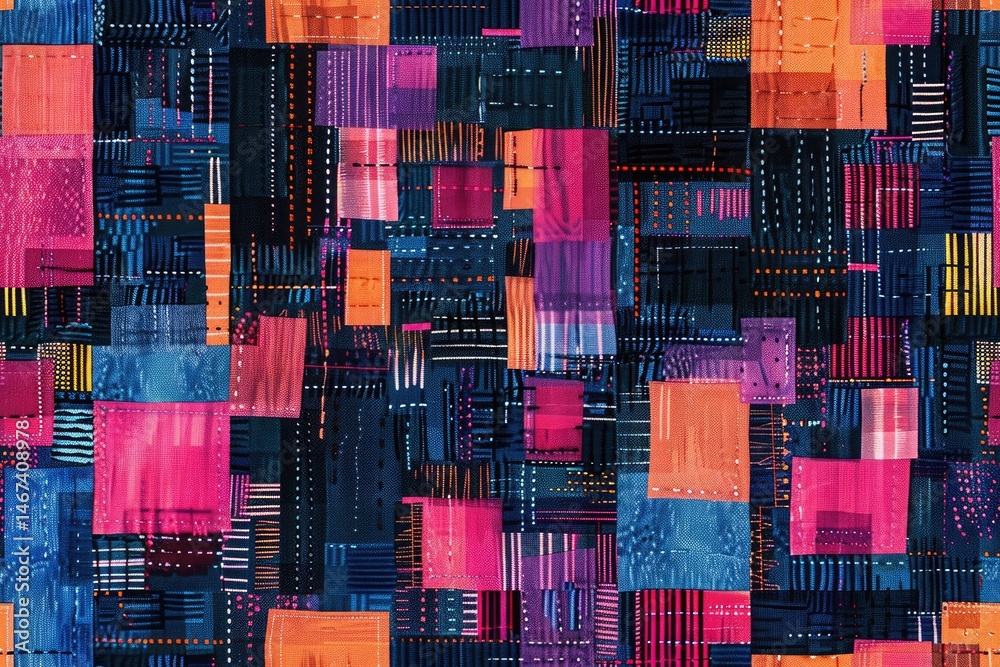 Poster abstract geometric pattern with colorful rectangles and thin lines on a dark background. digital art