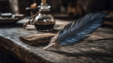 Blue Quill Pen and Ink on Rustic Wooden Desk