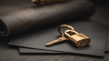 Brass Padlock and Key on Dark Surface with Leather